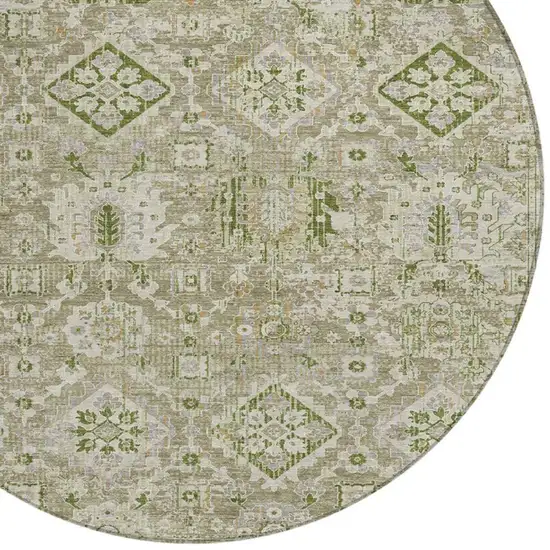 8' Fern Green And Beige Round Floral Medallion Washable Indoor Outdoor Area Rug Photo 4