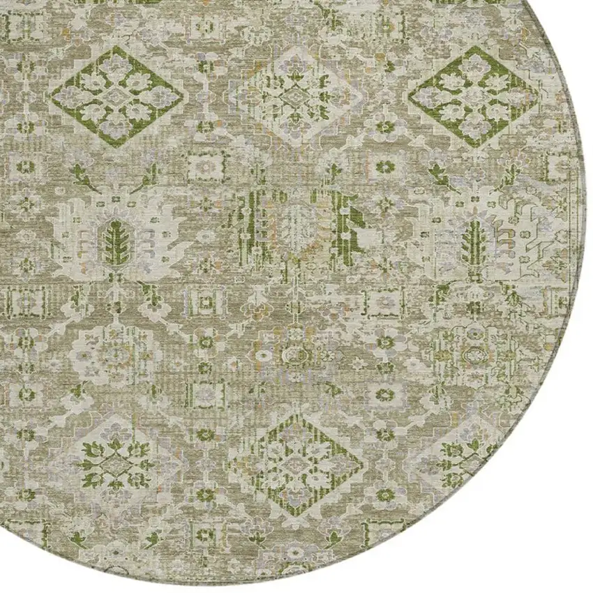 8' Fern Green And Beige Round Floral Medallion Washable Indoor Outdoor Area Rug Photo 4