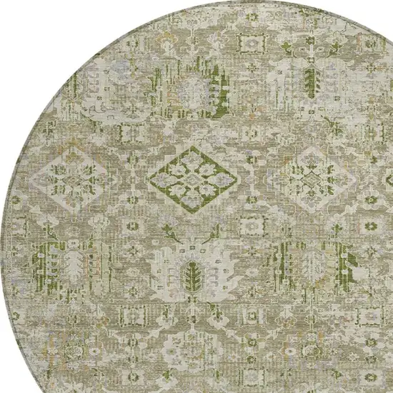 8' Fern Green And Beige Round Floral Medallion Washable Indoor Outdoor Area Rug Photo 7