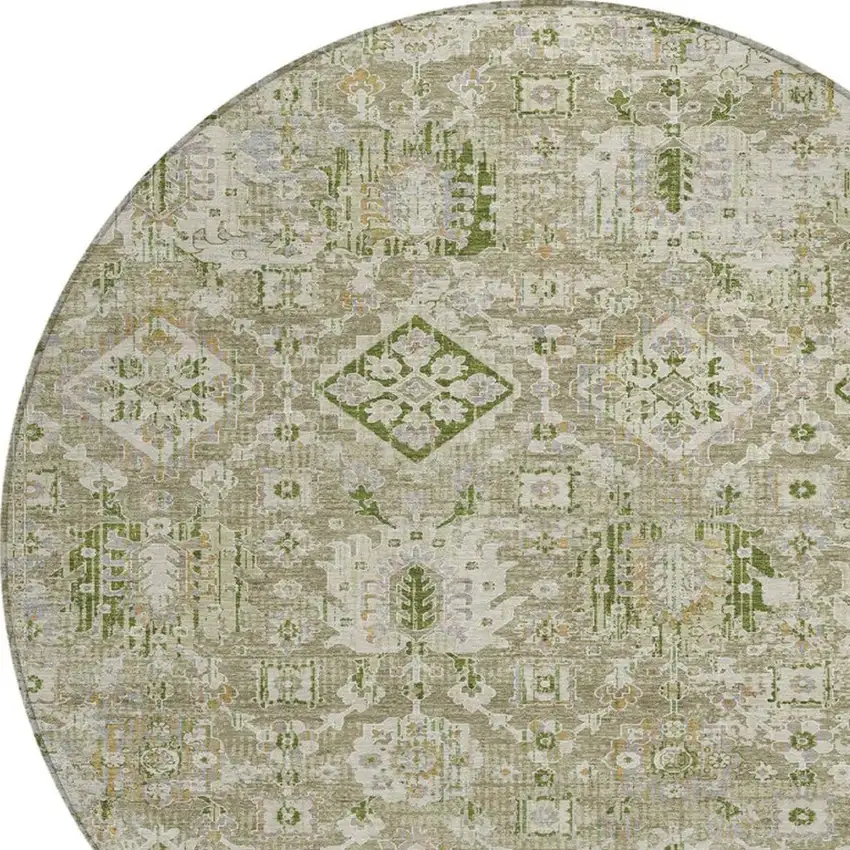 8' Fern Green And Beige Round Floral Medallion Washable Indoor Outdoor Area Rug Photo 7