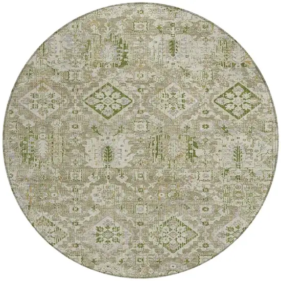 8' Fern Green And Beige Round Floral Medallion Washable Indoor Outdoor Area Rug Photo 3