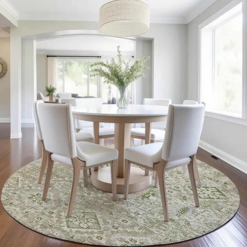 8' Fern Green And Beige Round Floral Medallion Washable Indoor Outdoor Area Rug Photo 6