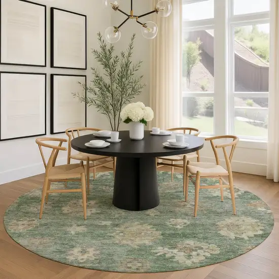 8' Fern Green And Beige Round Floral Washable Indoor Outdoor Area Rug Photo 9