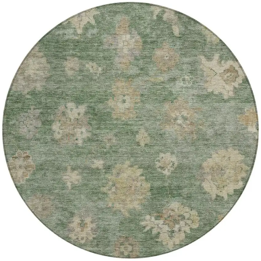 8' Fern Green And Beige Round Floral Washable Indoor Outdoor Area Rug Photo 4