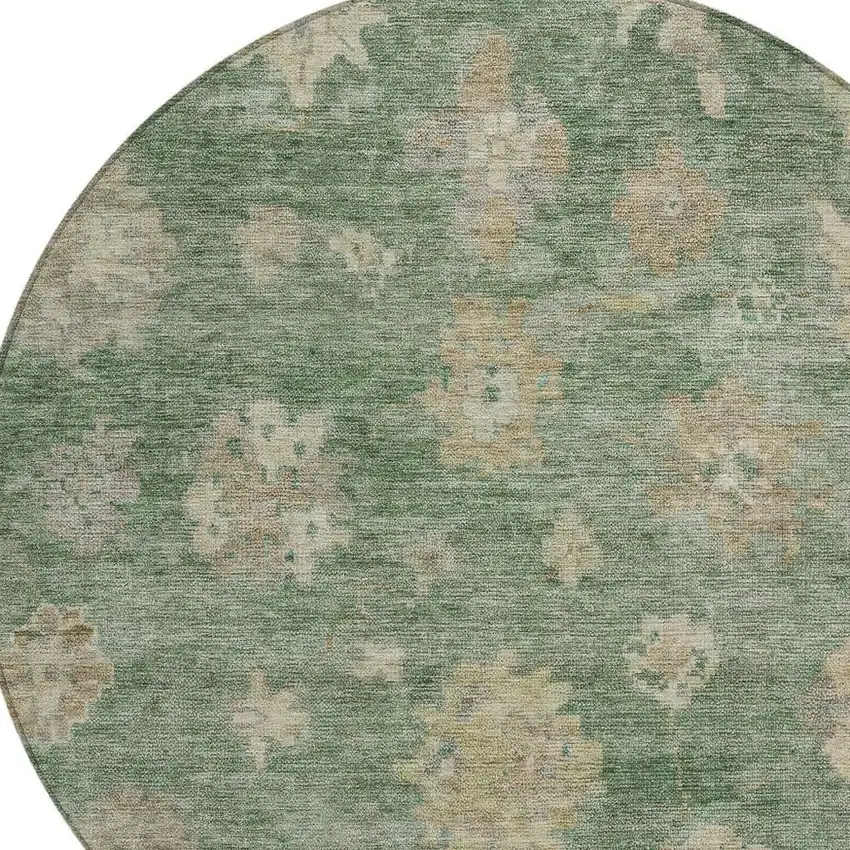 8' Fern Green And Beige Round Floral Washable Indoor Outdoor Area Rug Photo 7