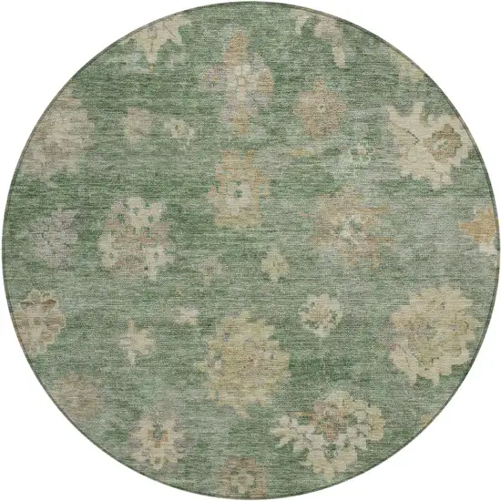 8' Fern Green And Beige Round Floral Washable Indoor Outdoor Area Rug Photo 2