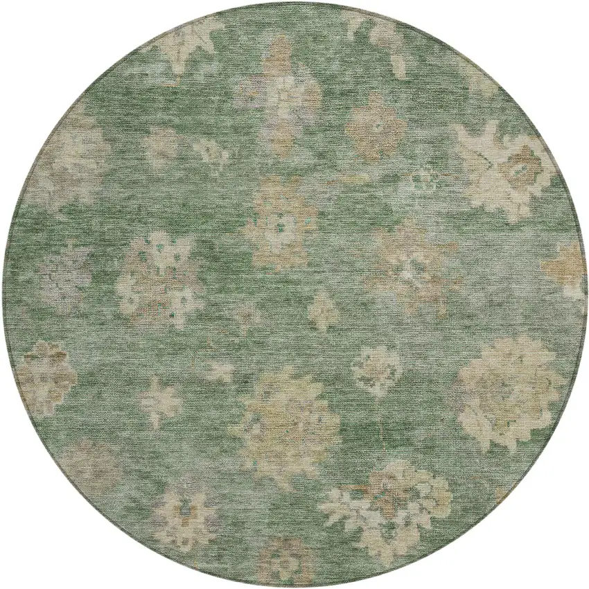 8' Fern Green And Beige Round Floral Washable Indoor Outdoor Area Rug Photo 2