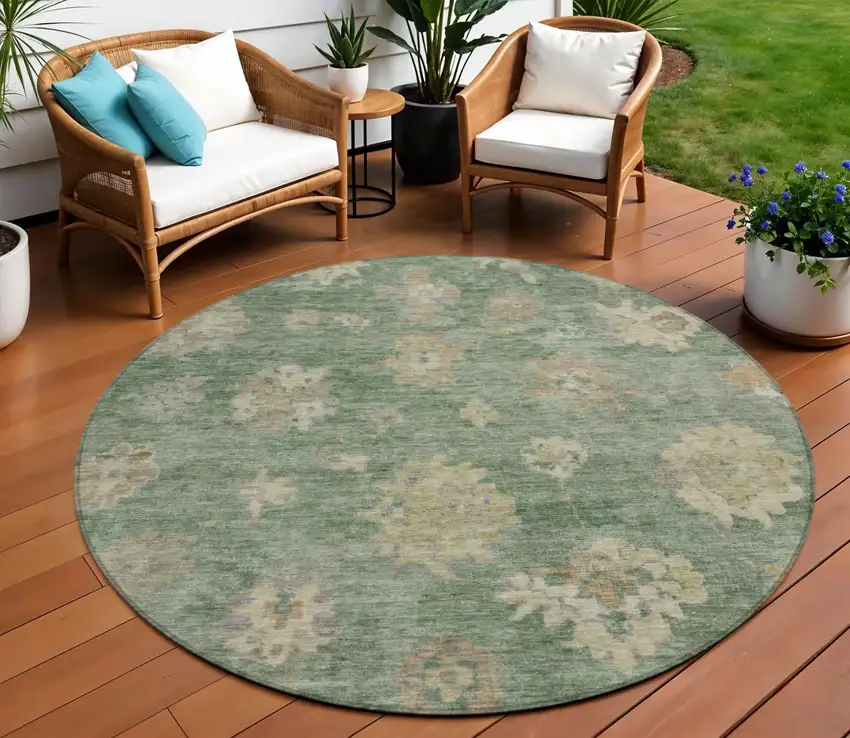 8' Fern Green And Beige Round Floral Washable Indoor Outdoor Area Rug Photo 1