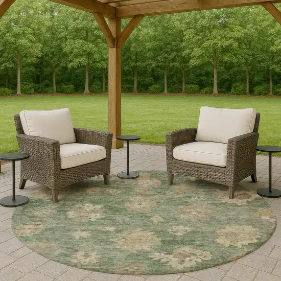 8' Fern Green And Beige Round Floral Washable Indoor Outdoor Area Rug Photo 8