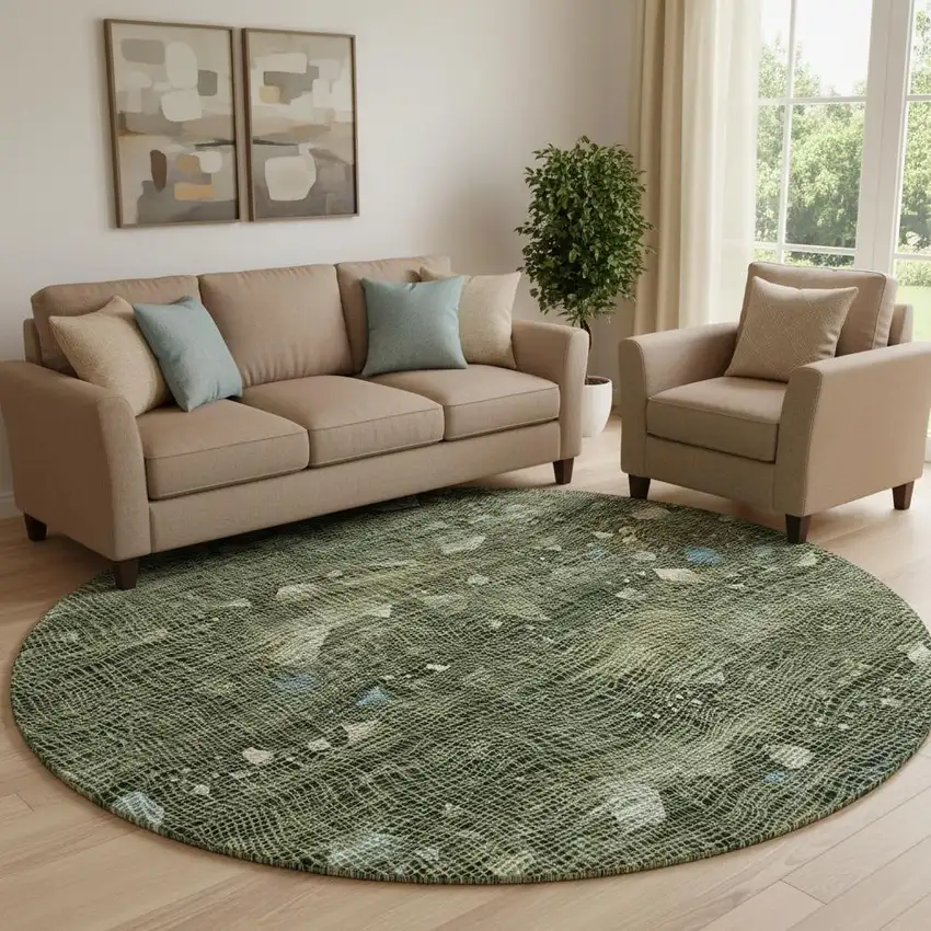 8' Fern Green And Blue Abstract Washable Round Rug With UV Protection Photo 2