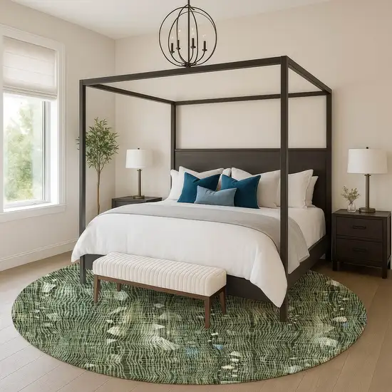 8' Fern Green And Blue Abstract Washable Round Rug With UV Protection Photo 5