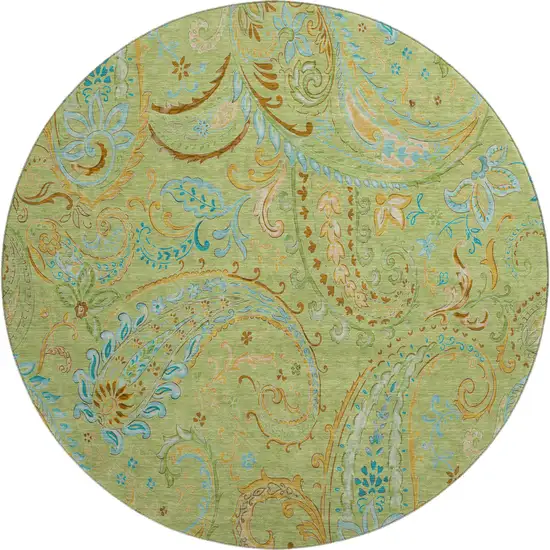8' Fern Green And Blue Paisley Washable Round Rug With UV Protection Photo 1