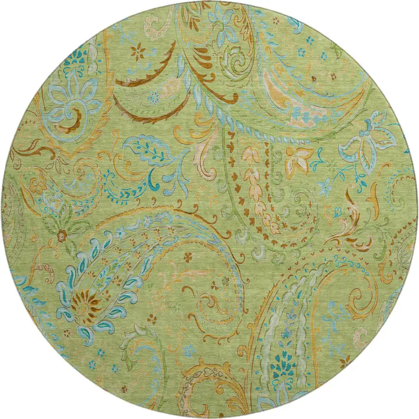 8' Fern Green And Blue Paisley Washable Round Rug With UV Protection Photo 1