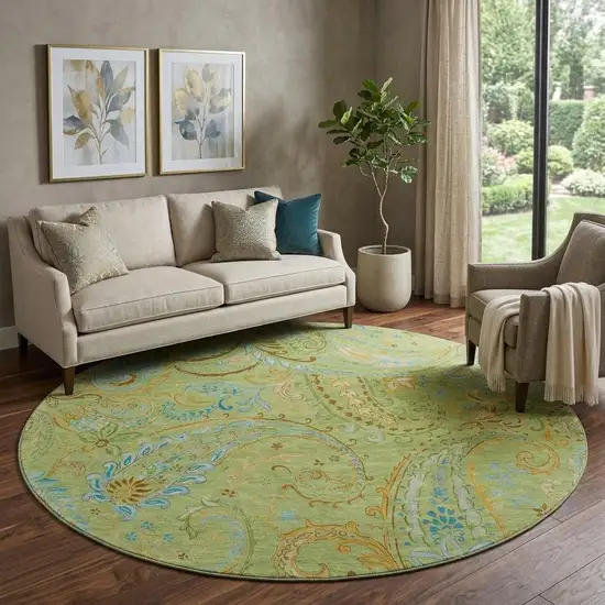 8' Fern Green And Blue Paisley Washable Round Rug With UV Protection Photo 1