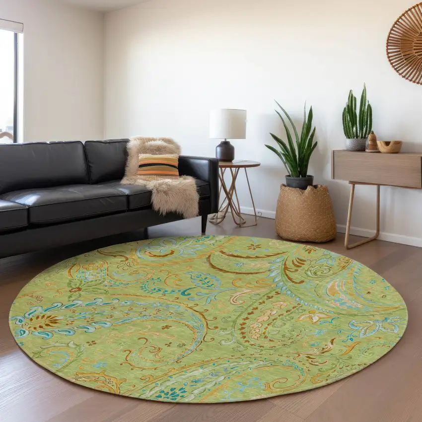 8' Fern Green And Blue Paisley Washable Round Rug With UV Protection Photo 5