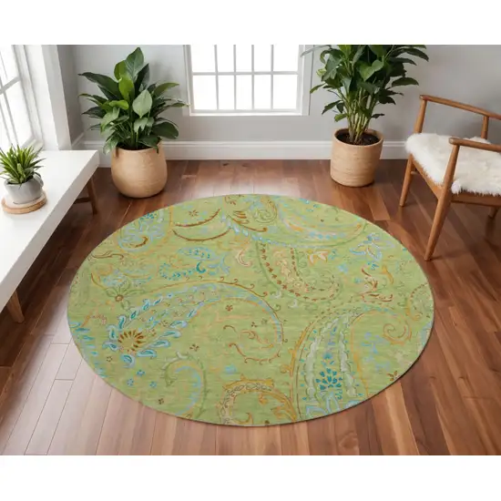 8' Fern Green And Blue Paisley Washable Round Rug With UV Protection Photo 2