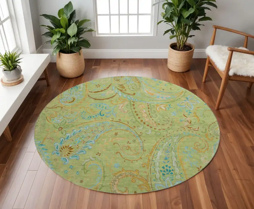 8' Fern Green And Blue Paisley Washable Round Rug With UV Protection Photo 2