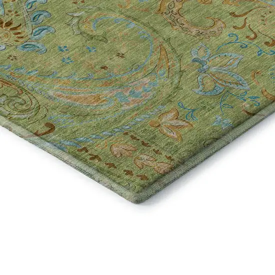 8' Fern Green And Blue Paisley Washable Round Rug With UV Protection Photo 7