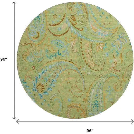 8' Fern Green And Blue Paisley Washable Round Rug With UV Protection Photo 8