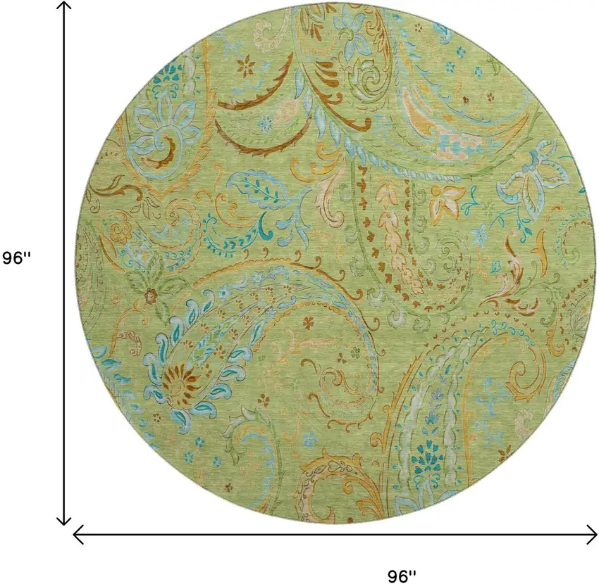 8' Fern Green And Blue Paisley Washable Round Rug With UV Protection Photo 8