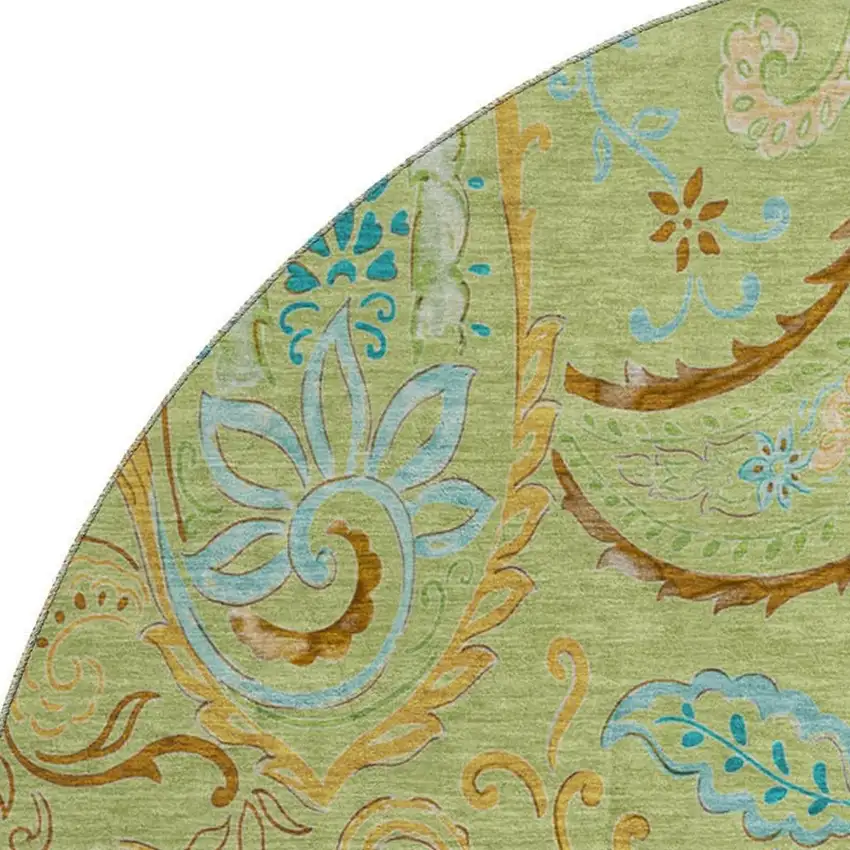 8' Fern Green And Blue Paisley Washable Round Rug With UV Protection Photo 3