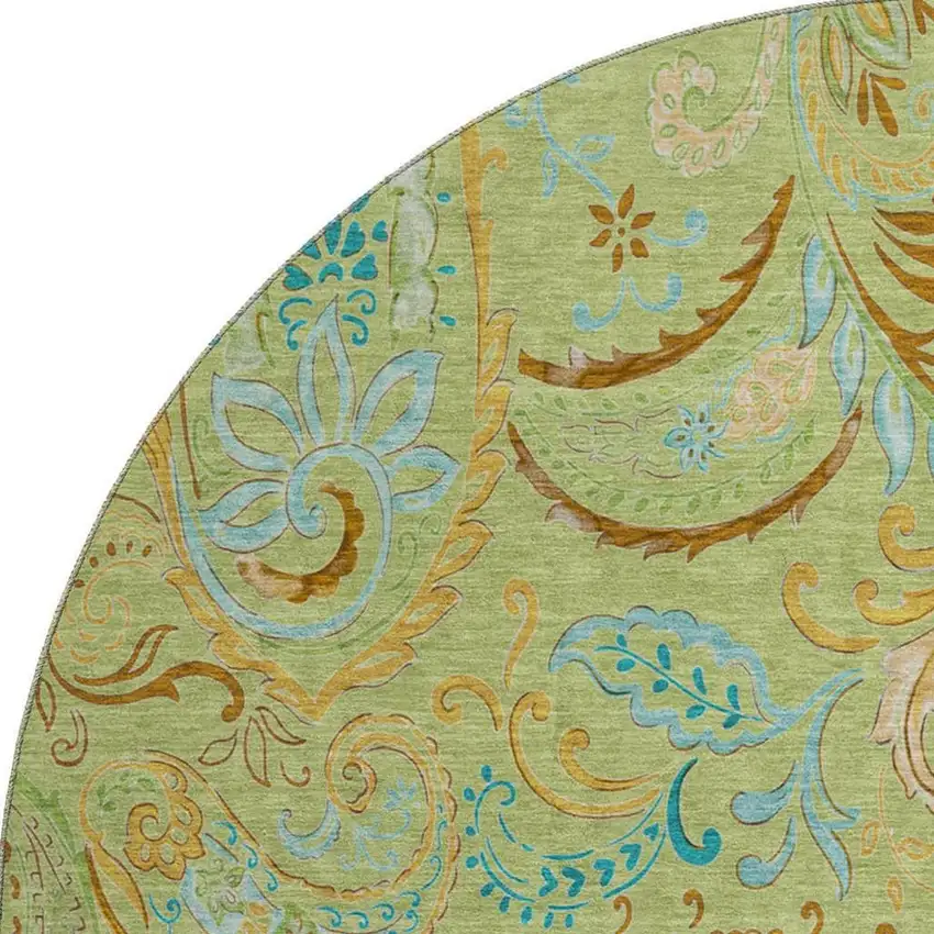 8' Fern Green And Blue Paisley Washable Round Rug With UV Protection Photo 4