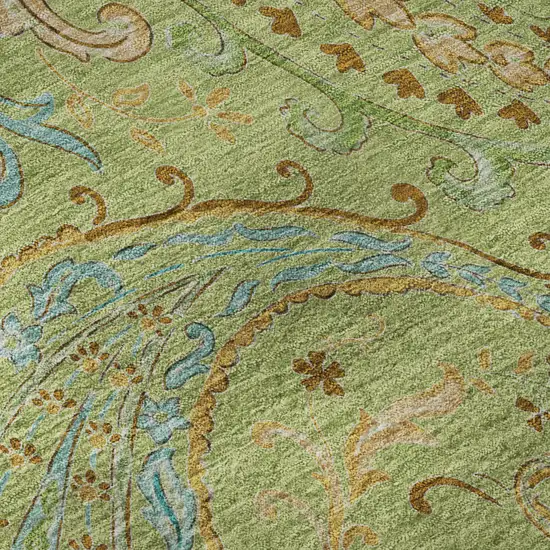 8' Fern Green And Blue Paisley Washable Round Rug With UV Protection Photo 9