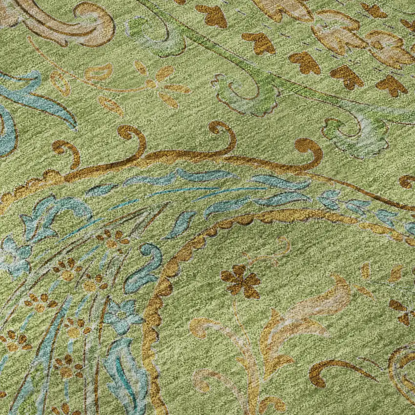 8' Fern Green And Blue Paisley Washable Round Rug With UV Protection Photo 9