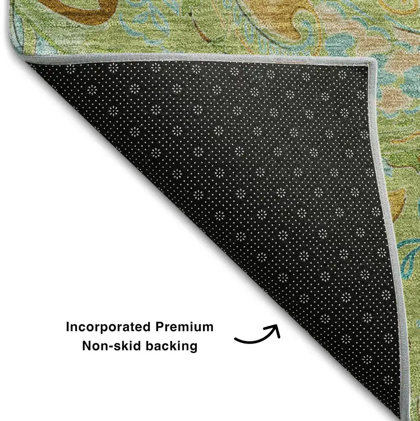 8' Fern Green And Blue Paisley Washable Round Rug With UV Protection Photo 6