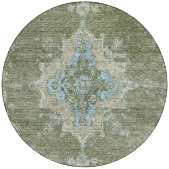 8' Fern Green And Blue Round Medallion Washable Indoor Outdoor Area Rug Photo 4
