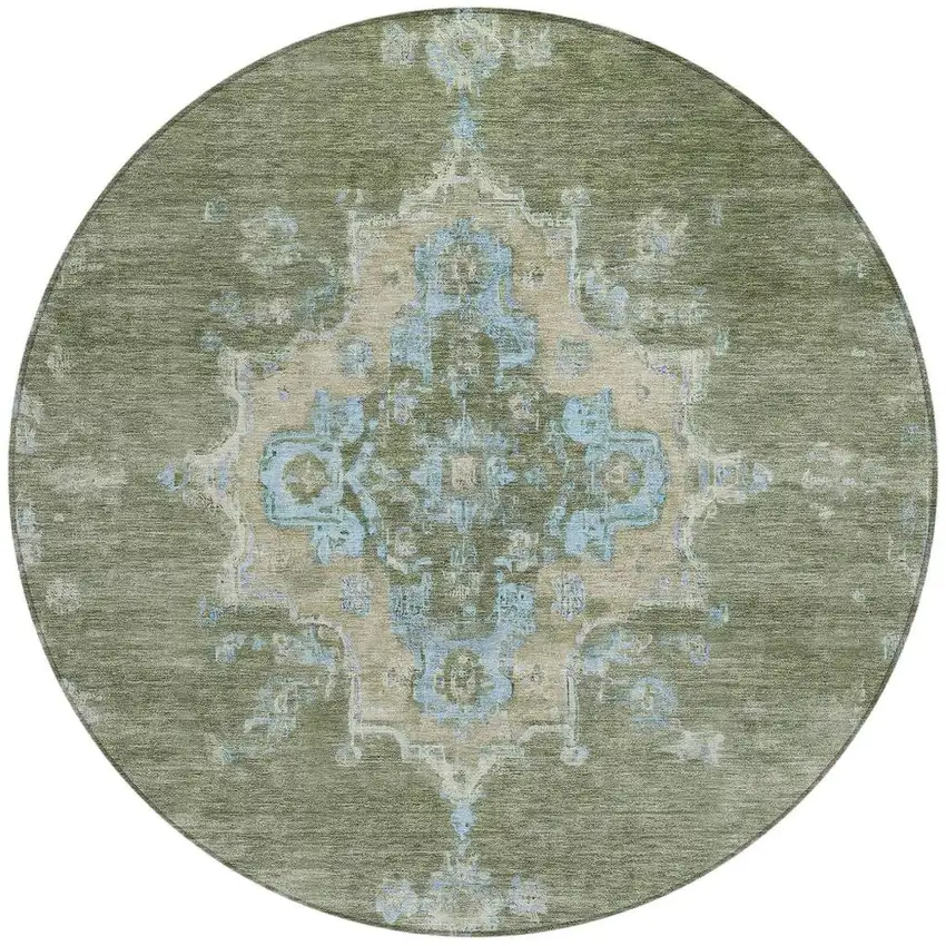 8' Fern Green And Blue Round Medallion Washable Indoor Outdoor Area Rug Photo 4