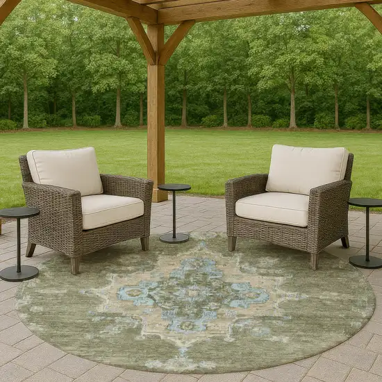 8' Fern Green And Blue Round Medallion Washable Indoor Outdoor Area Rug Photo 8