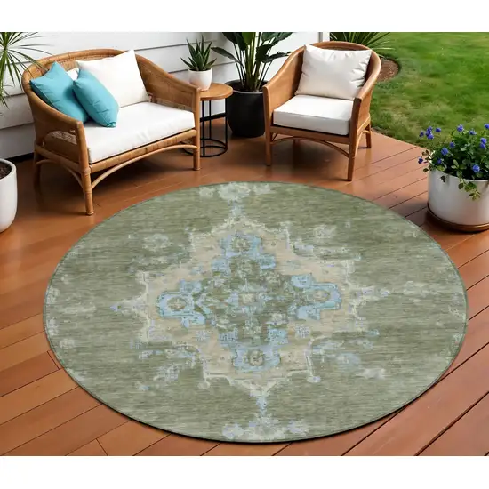 8' Fern Green And Blue Round Medallion Washable Indoor Outdoor Area Rug Photo 1