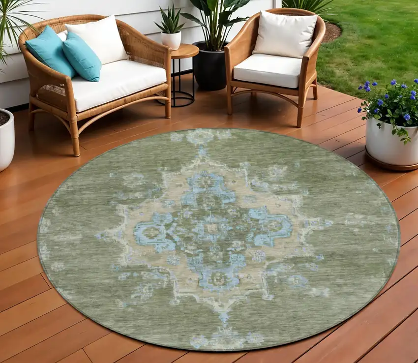 8' Fern Green And Blue Round Medallion Washable Indoor Outdoor Area Rug Photo 1