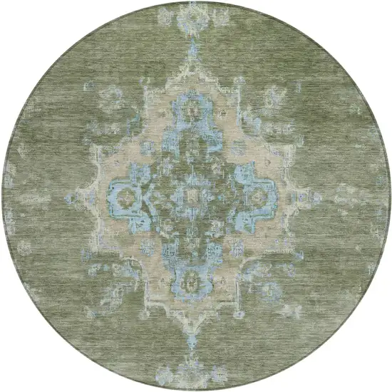 8' Fern Green And Blue Round Medallion Washable Indoor Outdoor Area Rug Photo 2