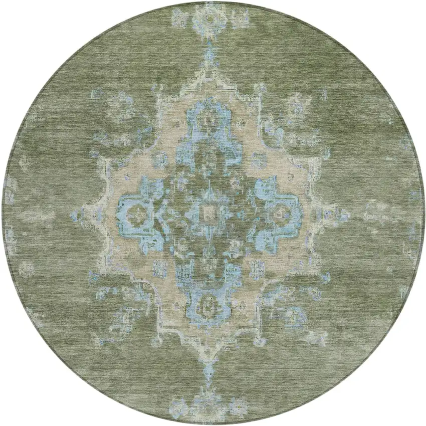 8' Fern Green And Blue Round Medallion Washable Indoor Outdoor Area Rug Photo 2
