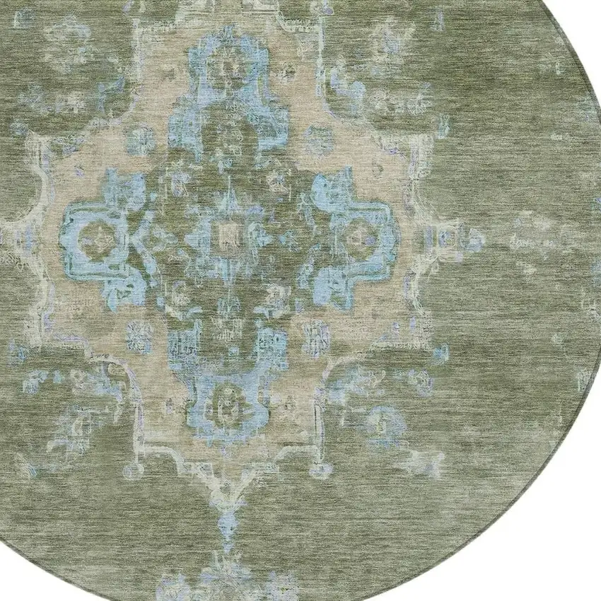 8' Fern Green And Blue Round Medallion Washable Indoor Outdoor Area Rug Photo 7