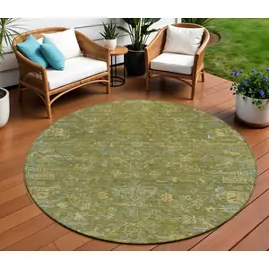 Photo of 8' Fern Green And Blue Round Medallion Washable Indoor Outdoor Area Rug