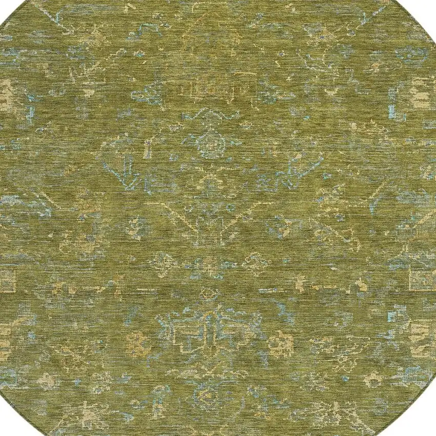 8' Fern Green And Blue Round Medallion Washable Indoor Outdoor Area Rug Photo 7