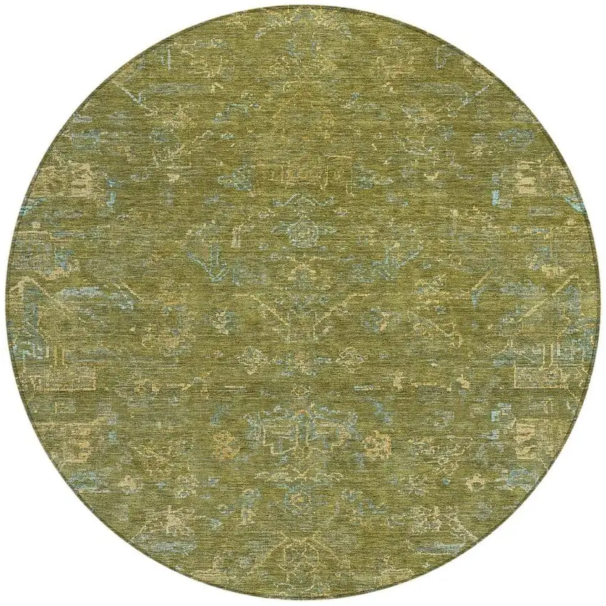 8' Fern Green And Blue Round Medallion Washable Indoor Outdoor Area Rug Photo 4