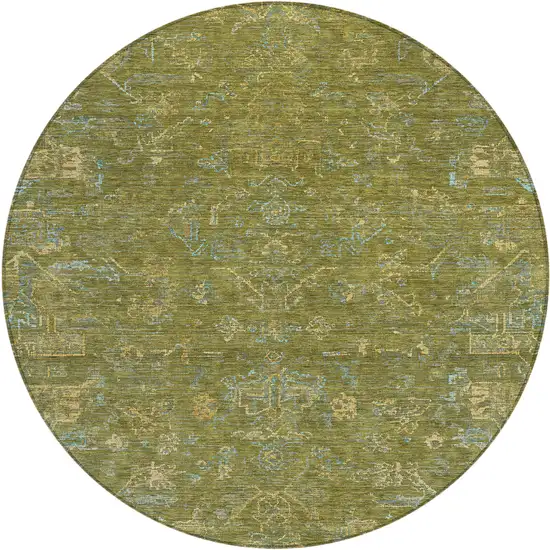 8' Fern Green And Blue Round Medallion Washable Indoor Outdoor Area Rug Photo 2