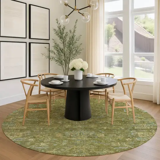 8' Fern Green And Blue Round Medallion Washable Indoor Outdoor Area Rug Photo 9