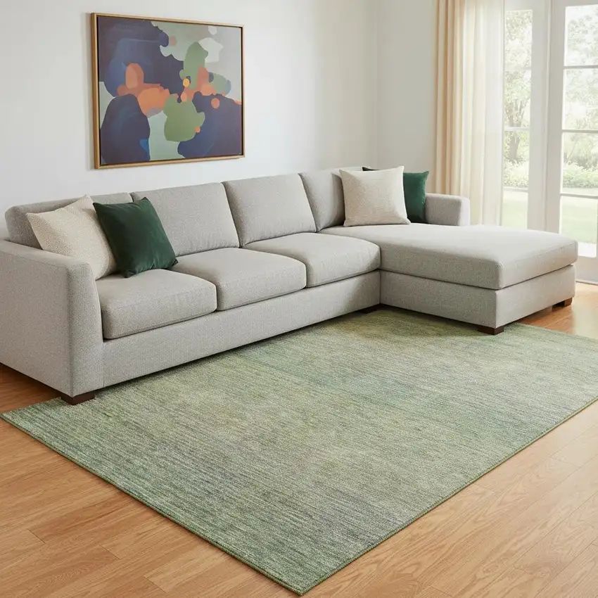 8' Fern Green And Blue Striped Washable Area Rug With UV Protection Photo 2