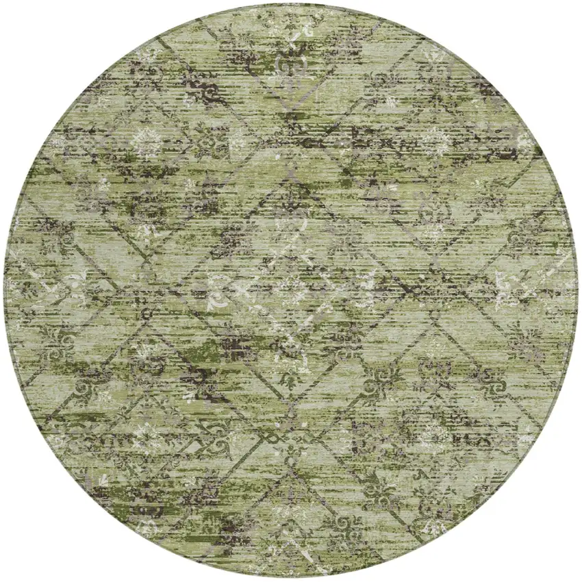 8' Fern Green And Brown Round Geometric Washable Indoor Outdoor Area Rug Photo 2
