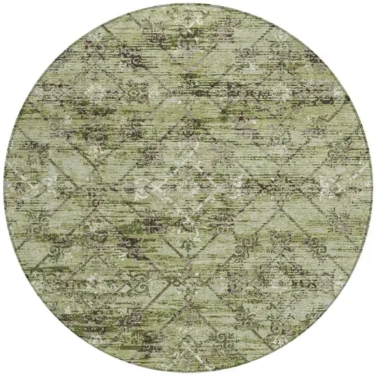 8' Fern Green And Brown Round Geometric Washable Indoor Outdoor Area Rug Photo 3
