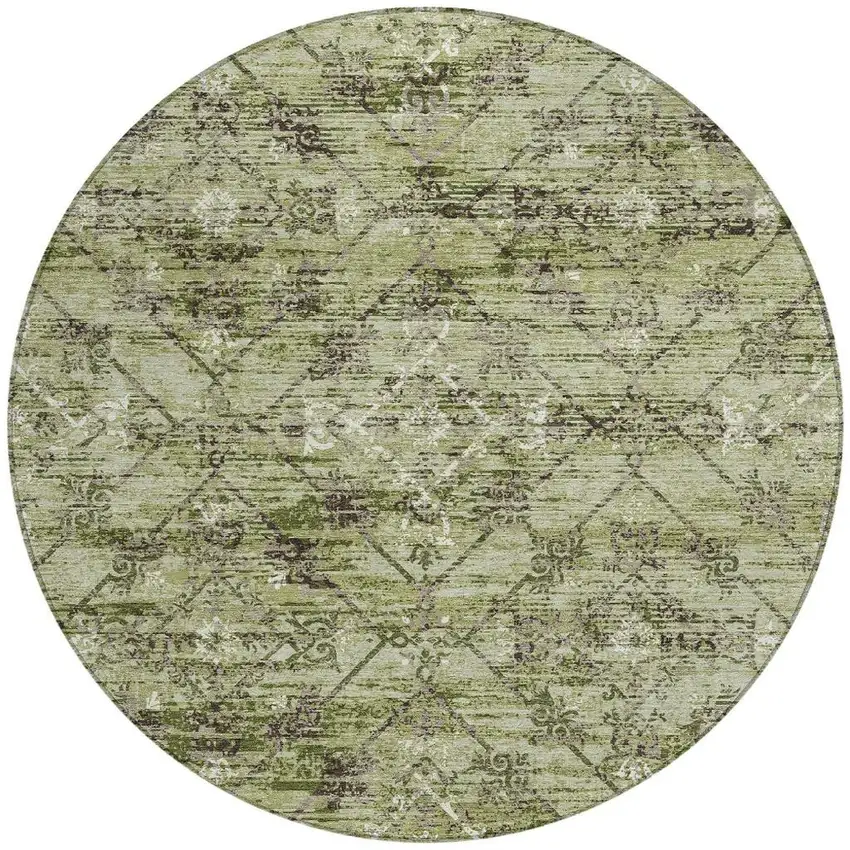 8' Fern Green And Brown Round Geometric Washable Indoor Outdoor Area Rug Photo 3