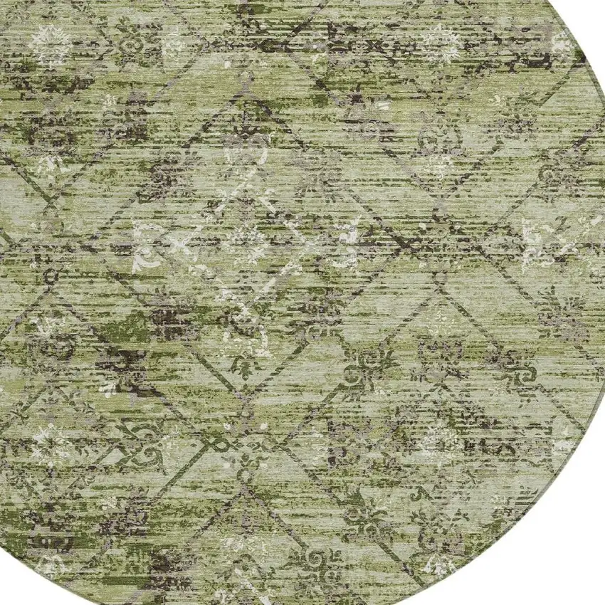 8' Fern Green And Brown Round Geometric Washable Indoor Outdoor Area Rug Photo 5
