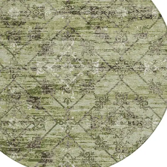 8' Fern Green And Brown Round Geometric Washable Indoor Outdoor Area Rug Photo 5