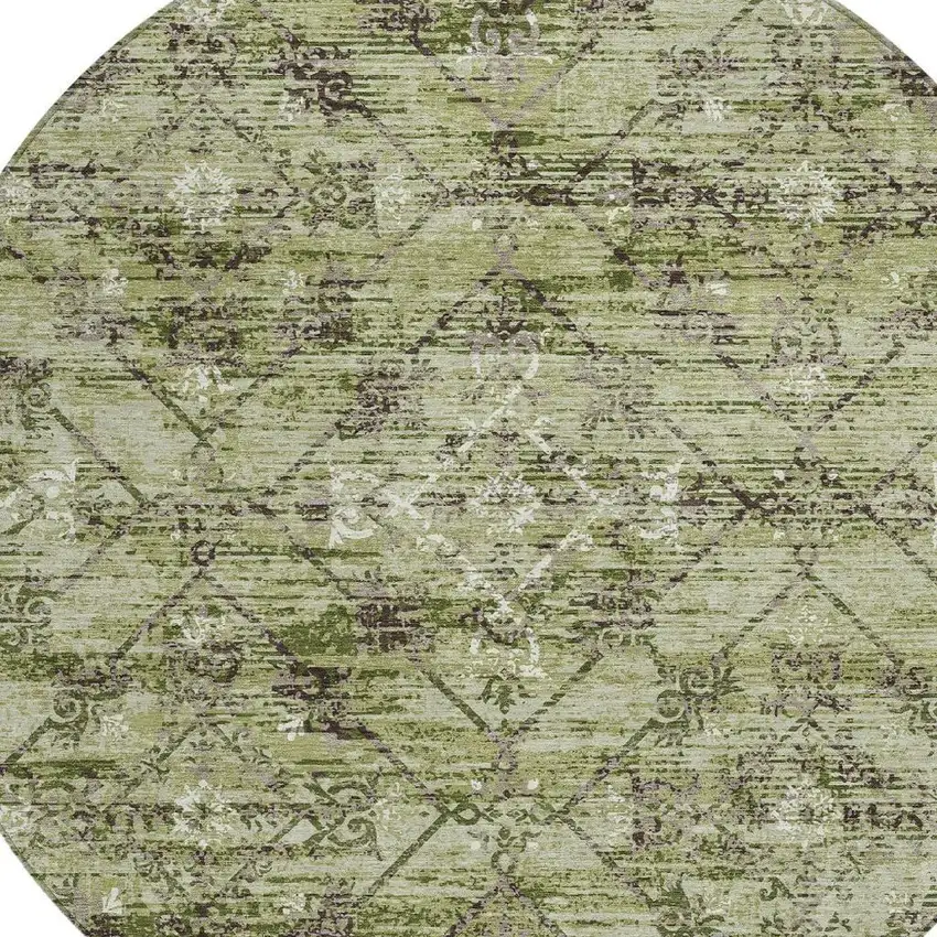 8' Fern Green And Brown Round Geometric Washable Indoor Outdoor Area Rug Photo 4