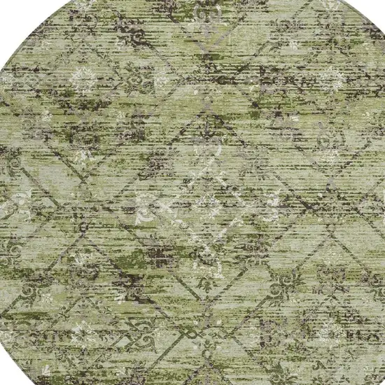 8' Fern Green And Brown Round Geometric Washable Indoor Outdoor Area Rug Photo 4